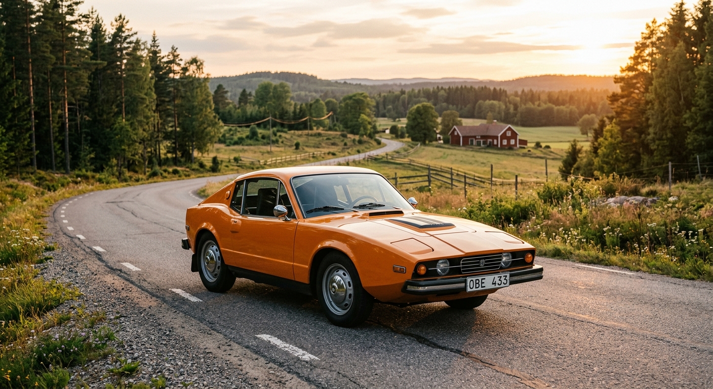 1975 Saab Sonett III classic Swedish sports car photographed during golden hour