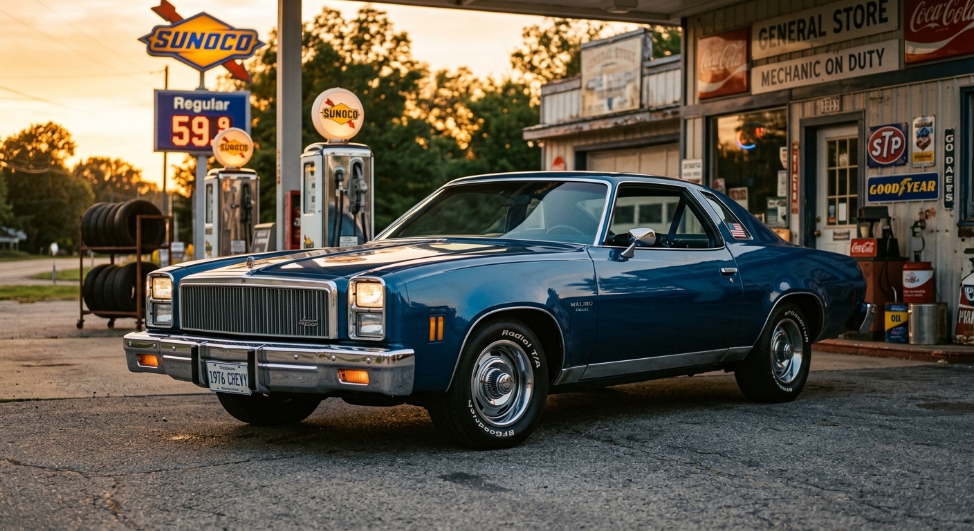 1976 Chevelle Malibu Classic muscle car in warm golden hour lighting at vintage gas station