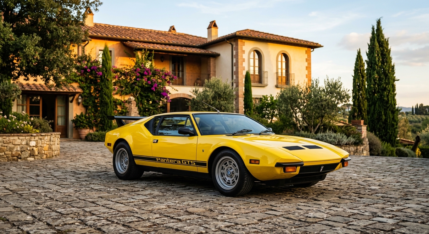 1976 De Tomaso Pantera GTS in bright yellow parked in front of Mediterranean villa during golden hour