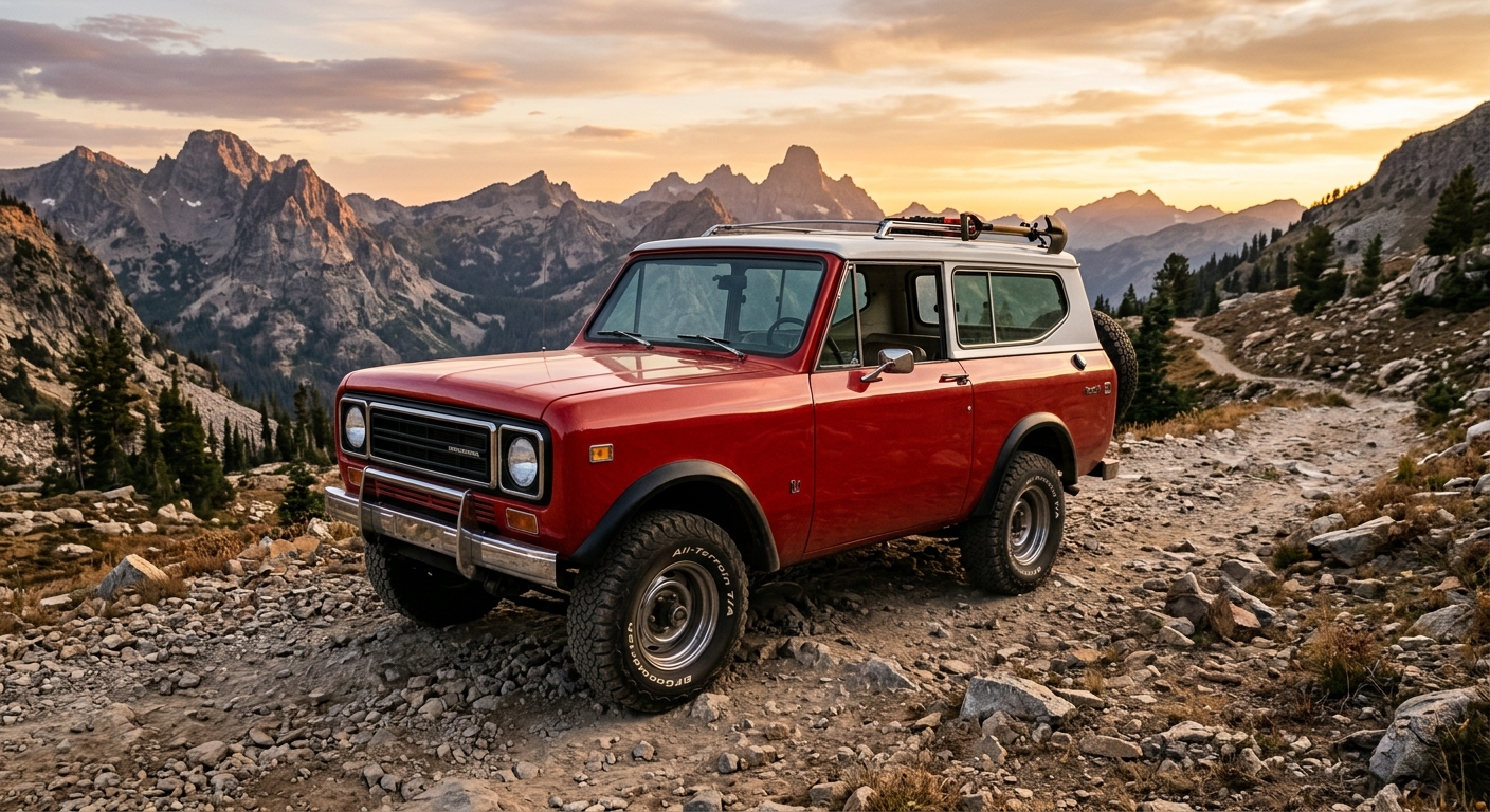 1976 International Scout II SUV in red parked on mountain trail with dramatic landscape backdrop