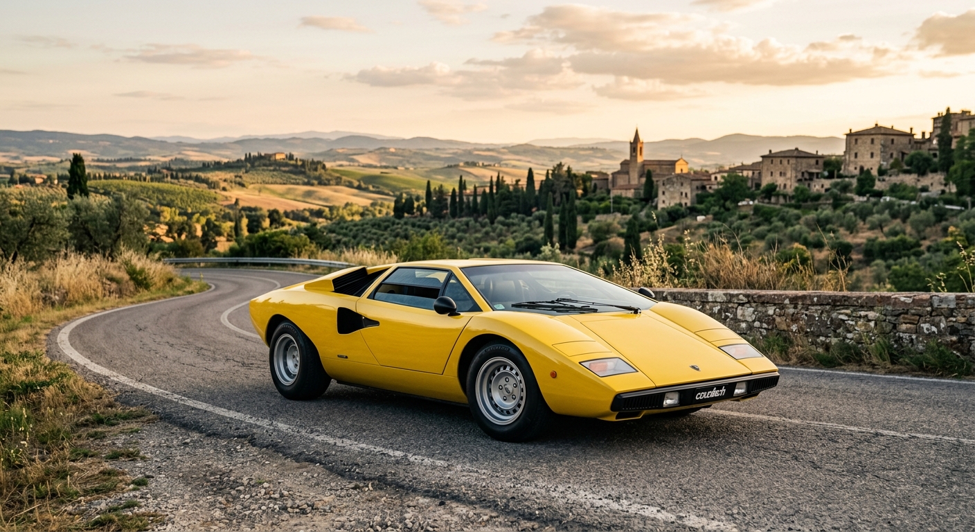 1976 Lamborghini Countach LP400 in white with dramatic golden hour lighting in Italian countryside