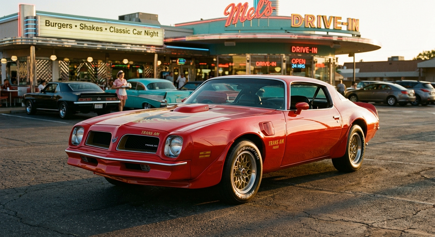 1976 Pontiac Firebird Trans Am in classic red with gold Firebird hood decal photographed during golden hour