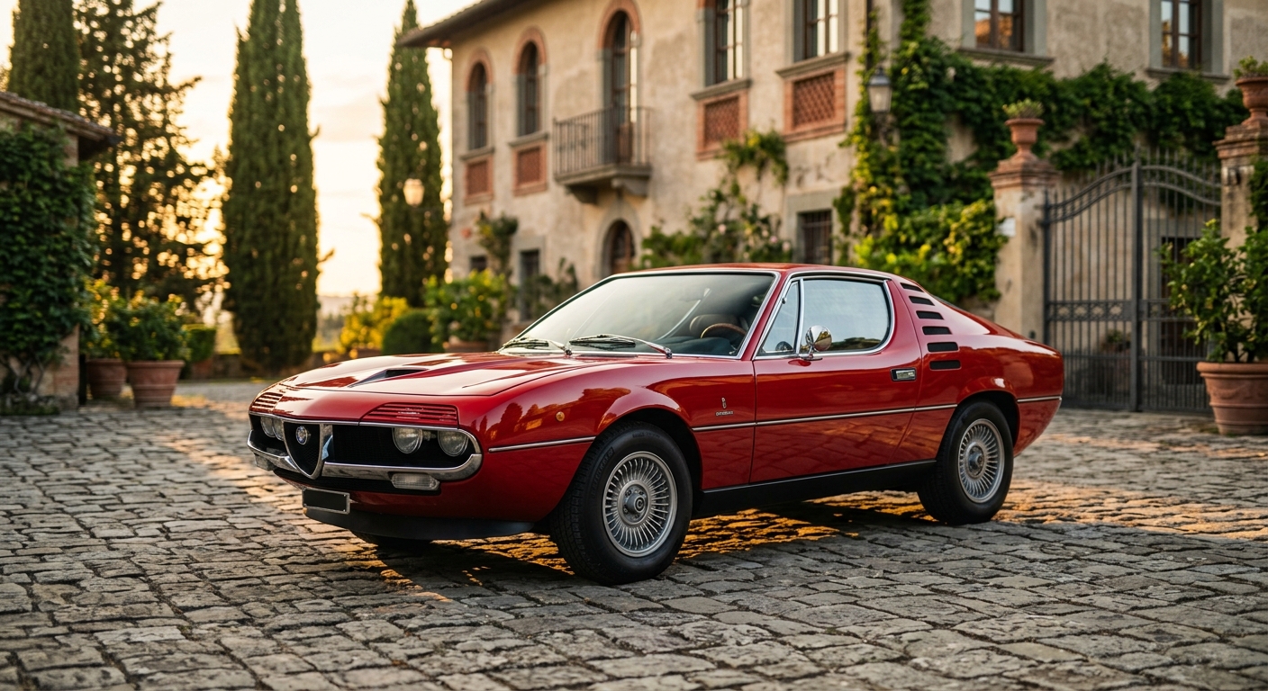 1978 Alfa Romeo Montreal classic sports car in warm golden hour lighting with period-appropriate Italian villa backdrop