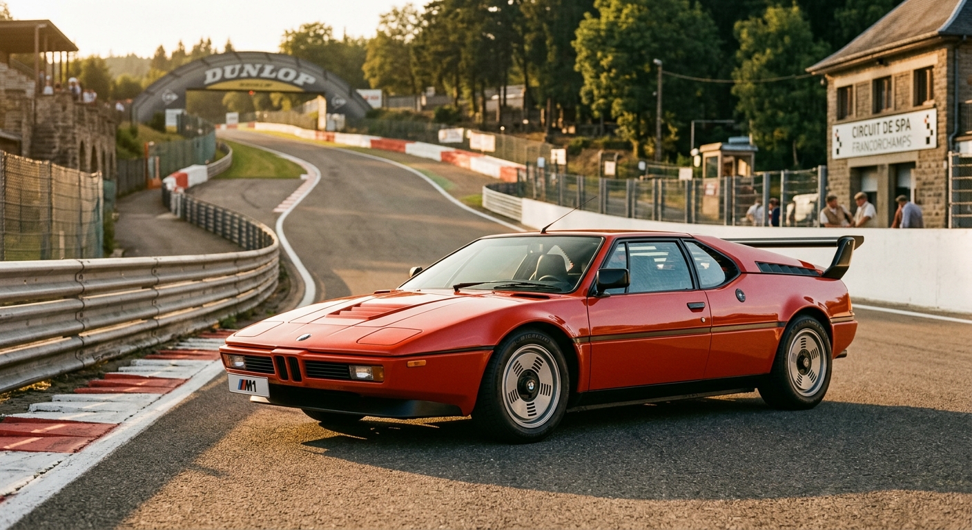 1978 BMW M1 supercar in Henna Red photographed during golden hour at a classic race circuit