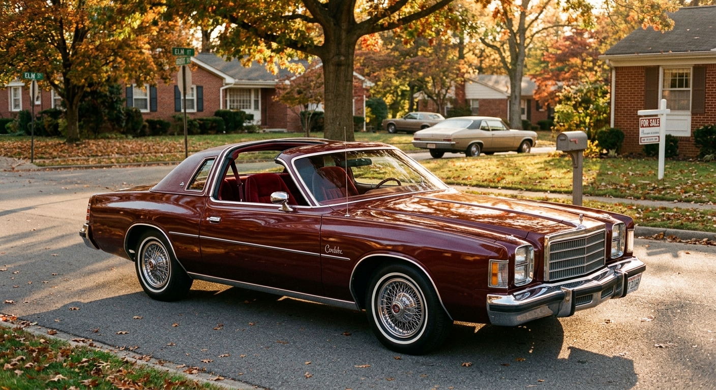 1978 Chrysler Cordoba T-Top in burgundy with removable roof panels parked in golden hour lighting