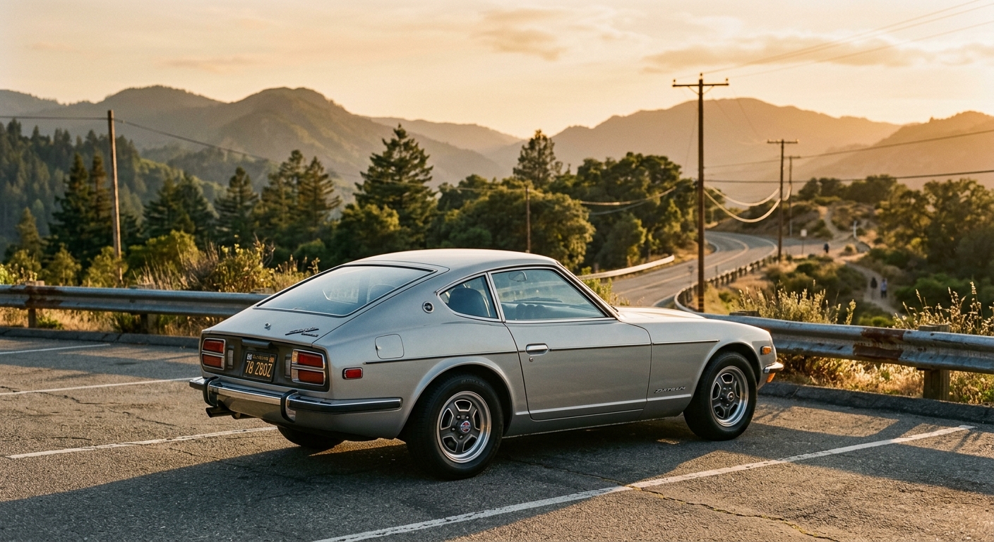 1978 Datsun 280Z sports car photographed during golden hour with warm lighting highlighting its classic fastback silhouette