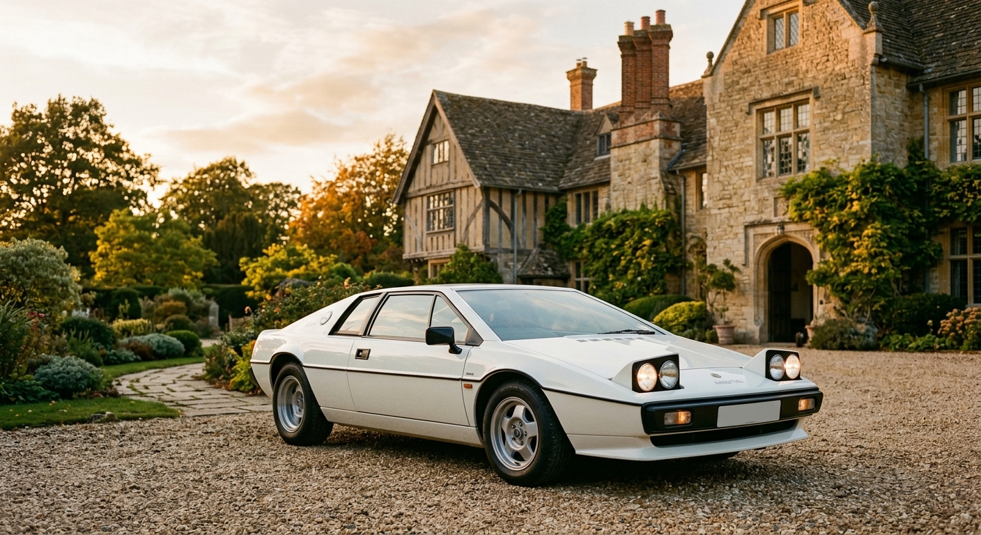 1978 Lotus Esprit S1 in classic white finish parked in golden hour sunlight against stone architecture