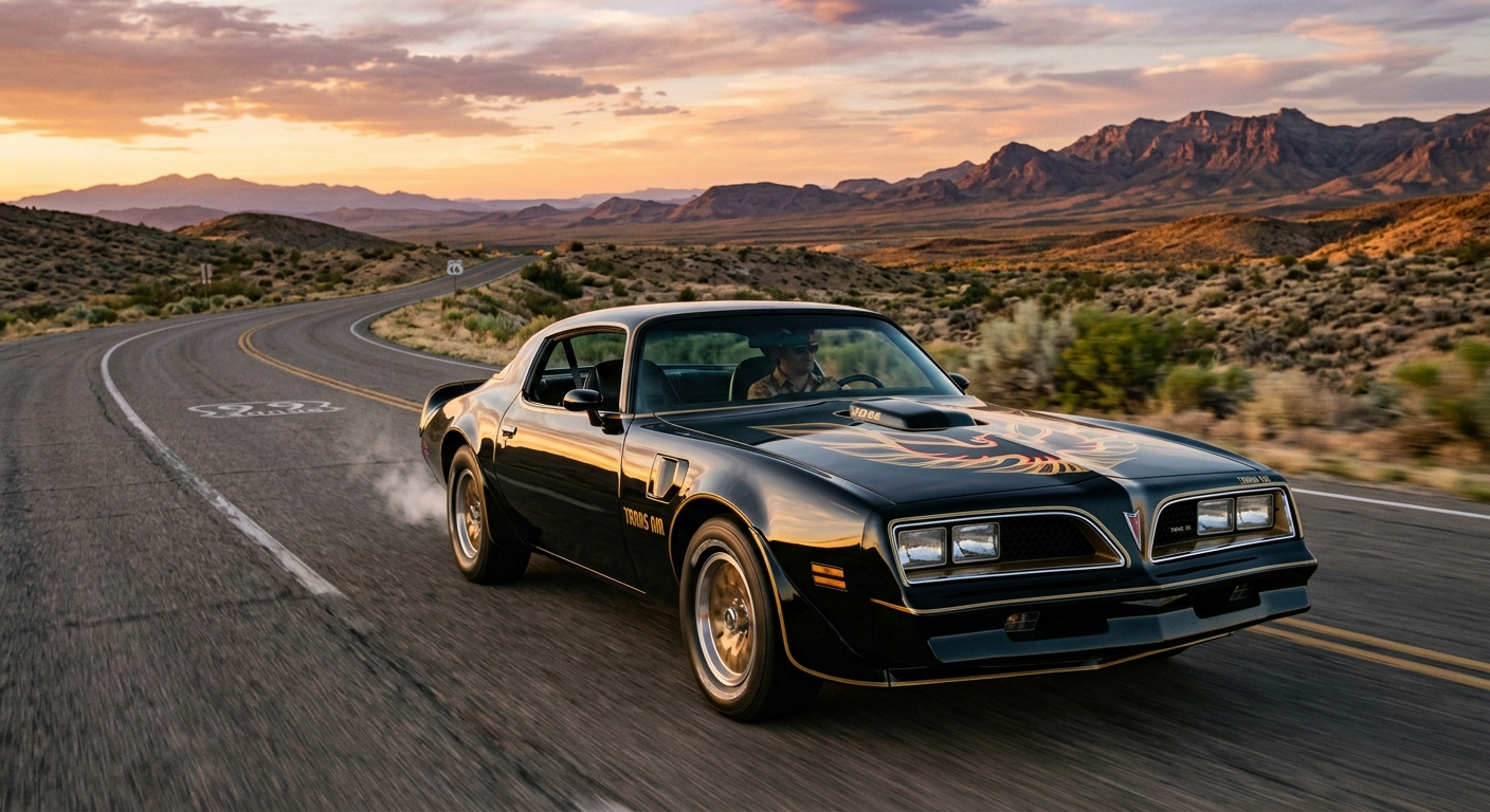 1978 Pontiac Trans Am in black and gold Bandit livery photographed during golden hour at sunset