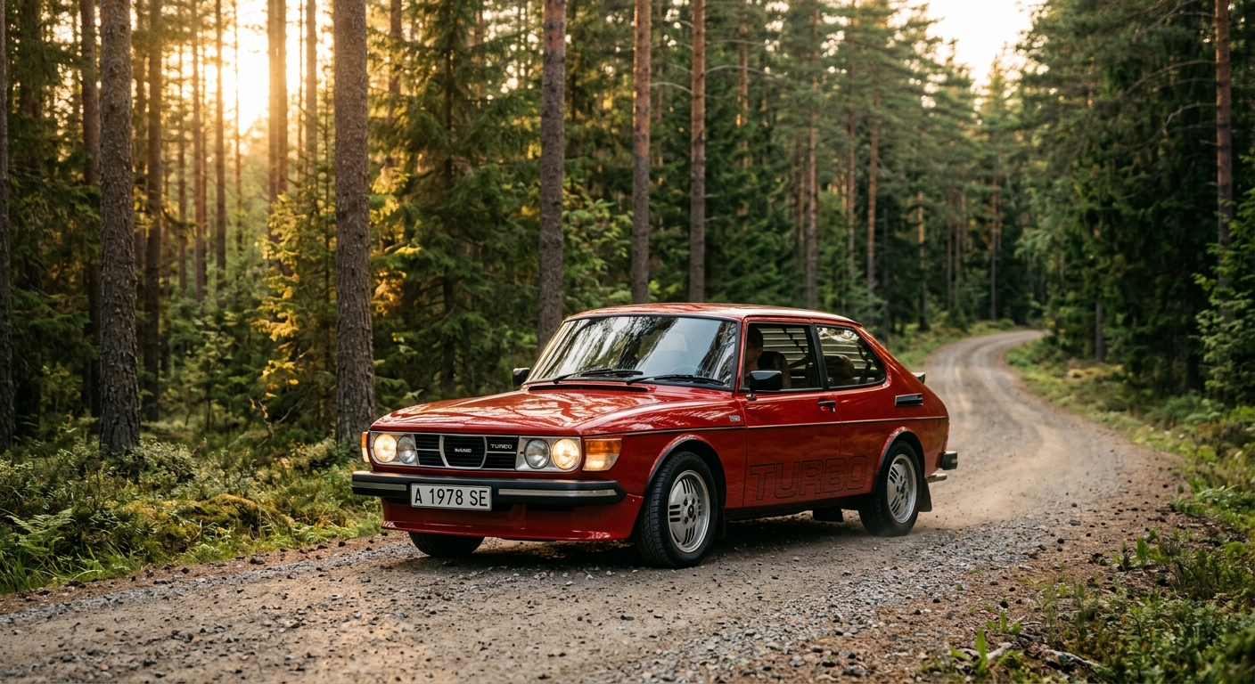 1978 Saab 99 Turbo classic Swedish sedan in golden hour lighting showing distinctive wraparound windshield and rally heritage