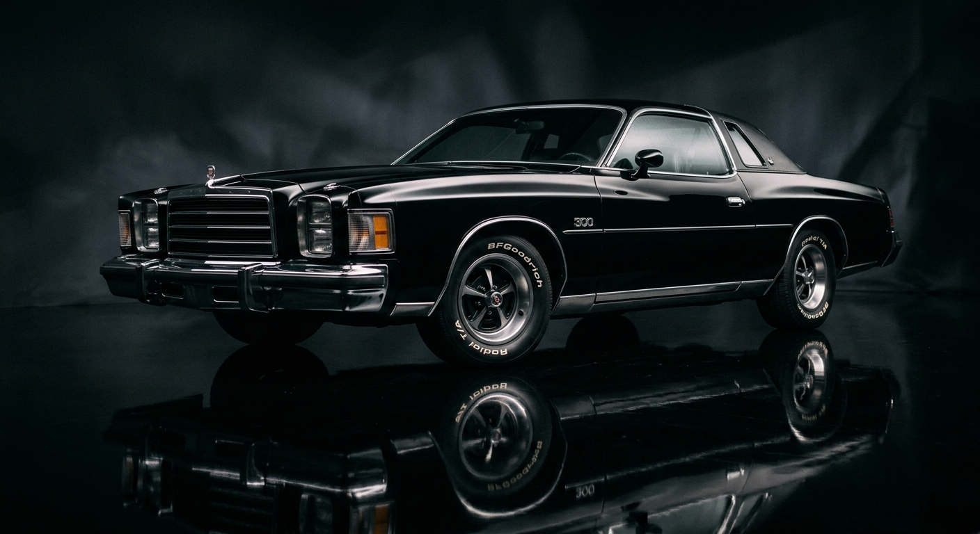 1979 Chrysler 300 muscle car in dramatic studio lighting with dark background and reflective floor