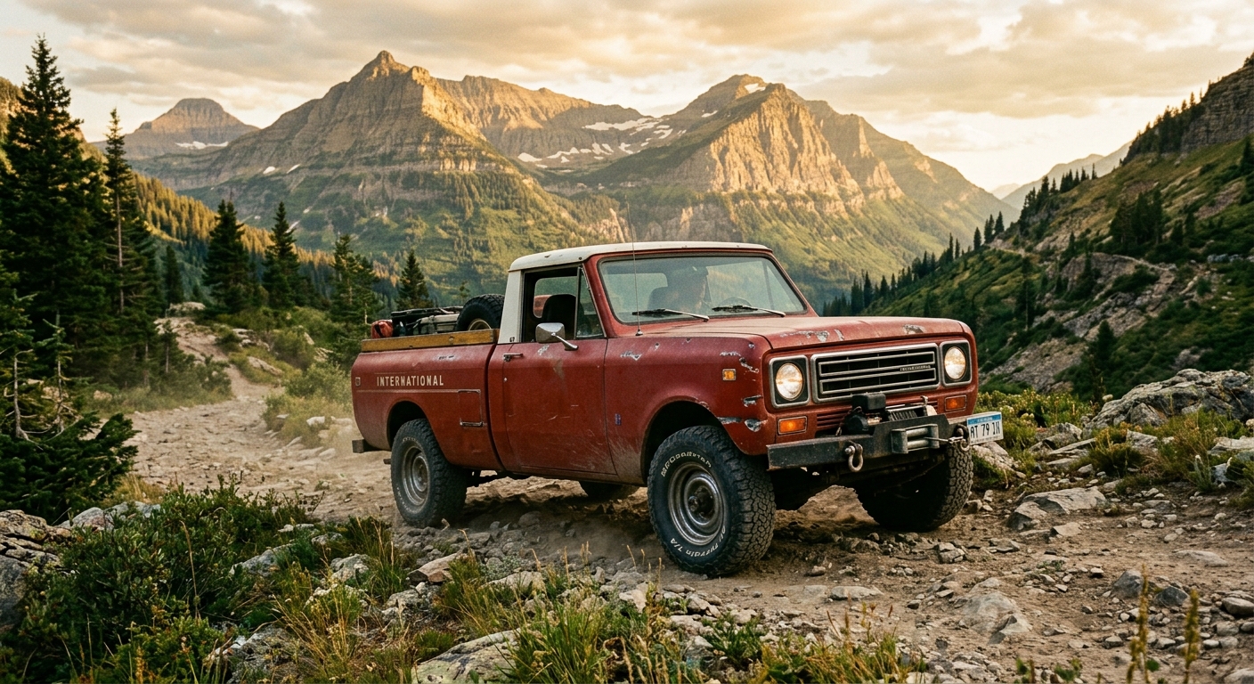 1979 International Harvester Scout Terra pickup truck in rugged outdoor setting