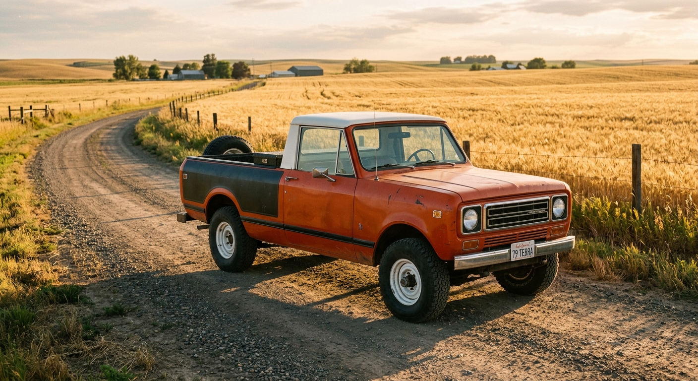 1979 International Harvester Scout II Terra pickup truck in classic orange paint on rural dirt road