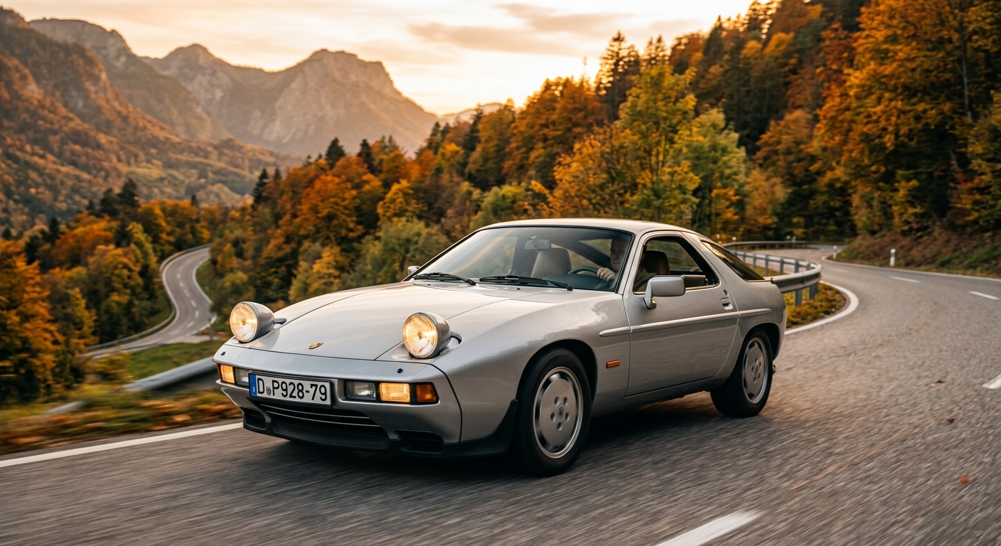 1979 Porsche 928 sports car in silver, photographed during golden hour at a scenic mountain road