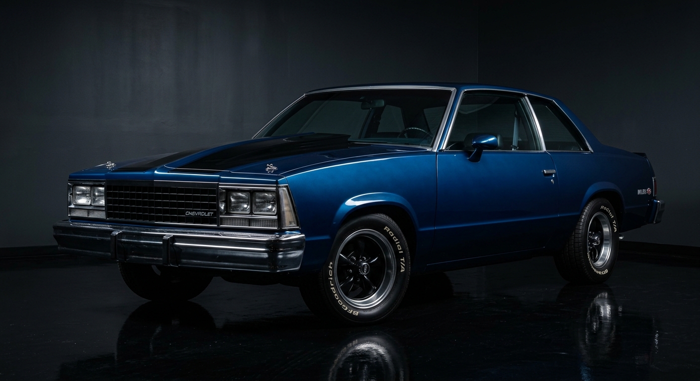 1980 Chevelle Malibu SS muscle car in dramatic studio lighting with dark background