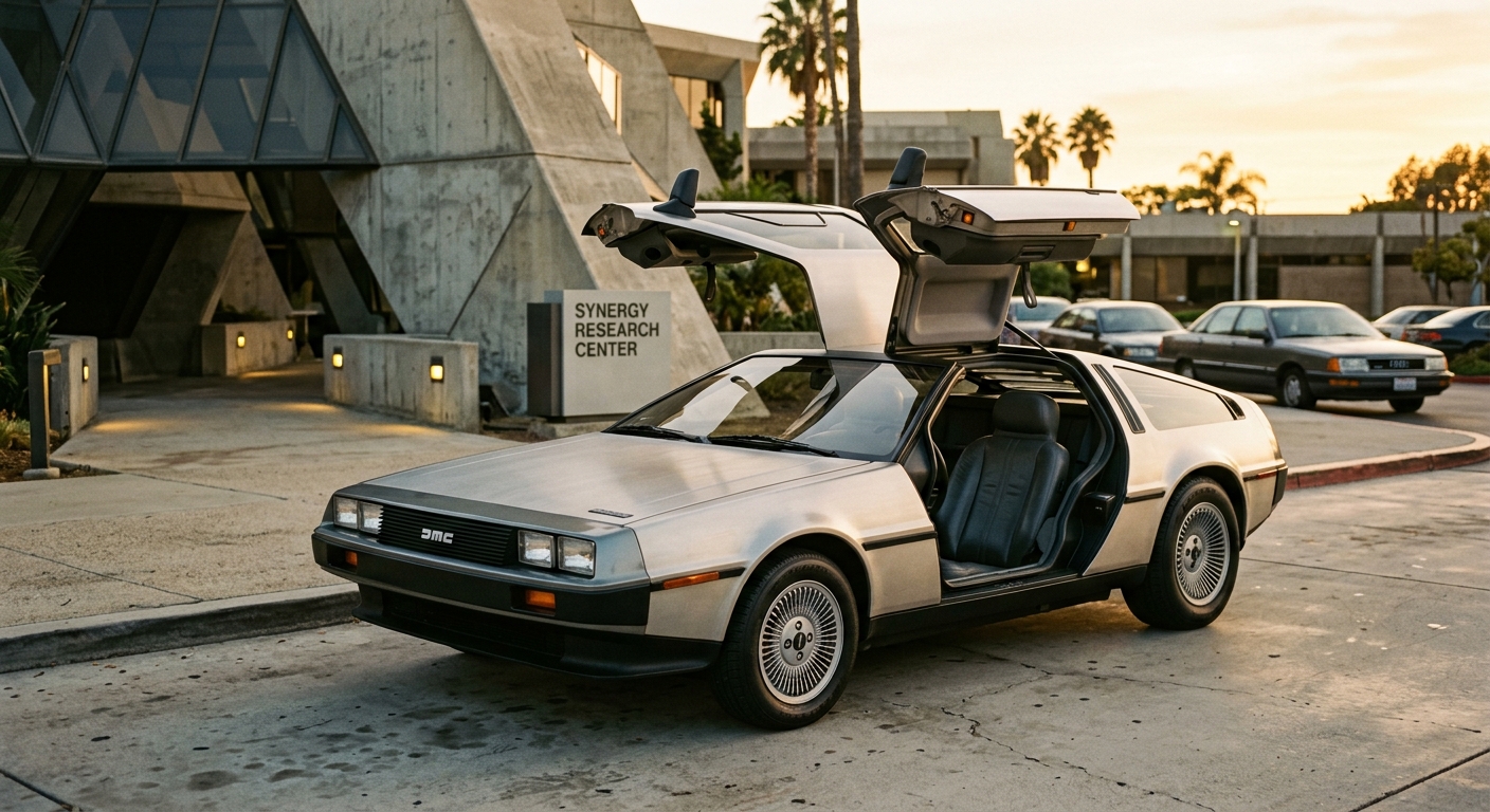 1981 DeLorean DMC-12 with iconic gullwing doors open in golden hour lighting at vintage location