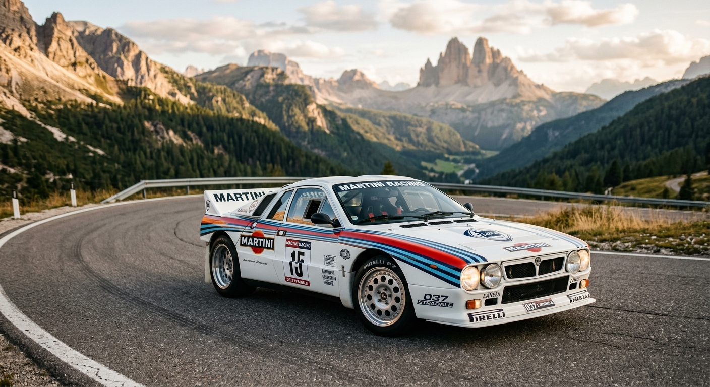 1982 Lancia 037 Stradale in classic white livery photographed during golden hour