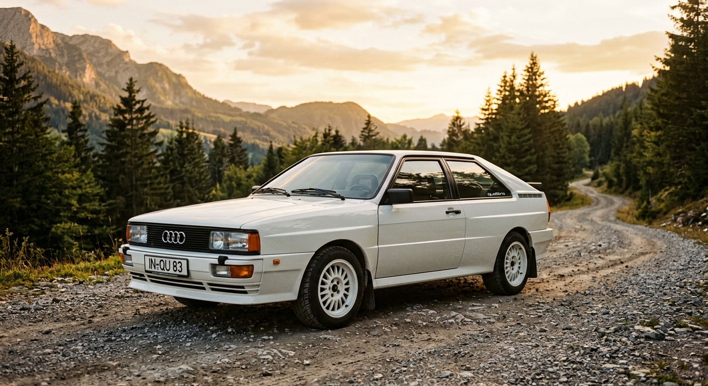 1983 Audi quattro coupe in classic white livery photographed during golden hour at a mountain rally stage