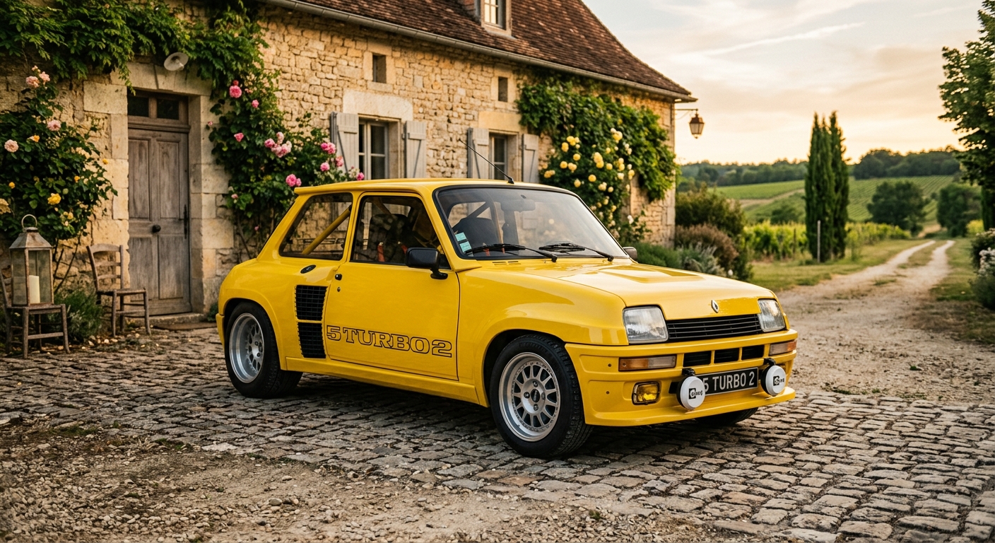 1983 Renault 5 Turbo 2 classic French hot hatch in golden hour lighting