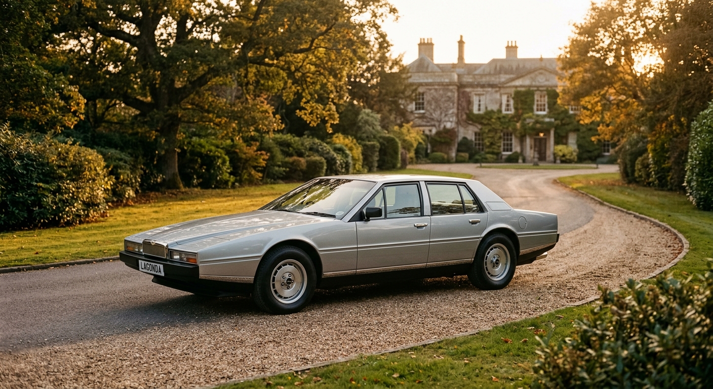 1984 Aston Martin Lagonda luxury sedan in silver, photographed outdoors during golden hour with dramatic lighting highlighting its angular wedge-shaped design