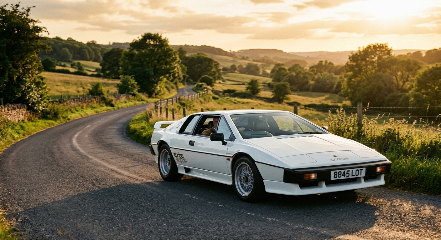1984 Lotus Esprit Turbo in classic white with distinctive wedge profile and pop-up headlights