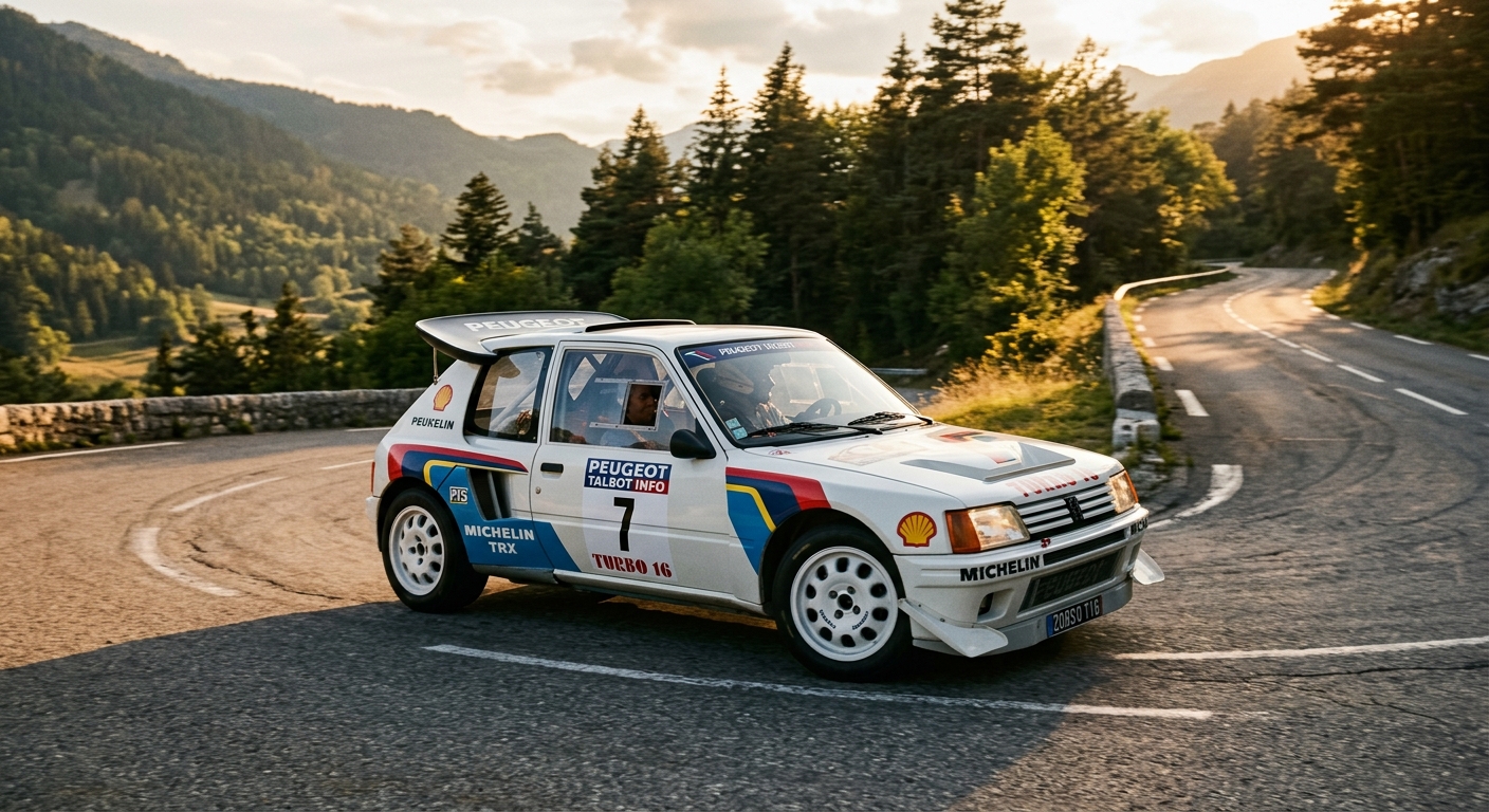 1984 Peugeot 205 Turbo 16 in white with rally-inspired aerodynamic body kit photographed in golden hour lighting