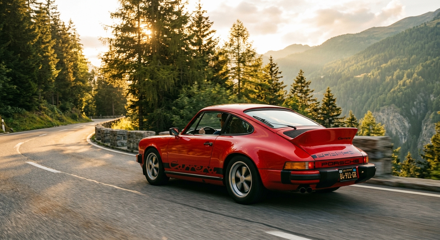 1984 Porsche 911 Carrera in Guards Red parked on a winding mountain road during golden hour