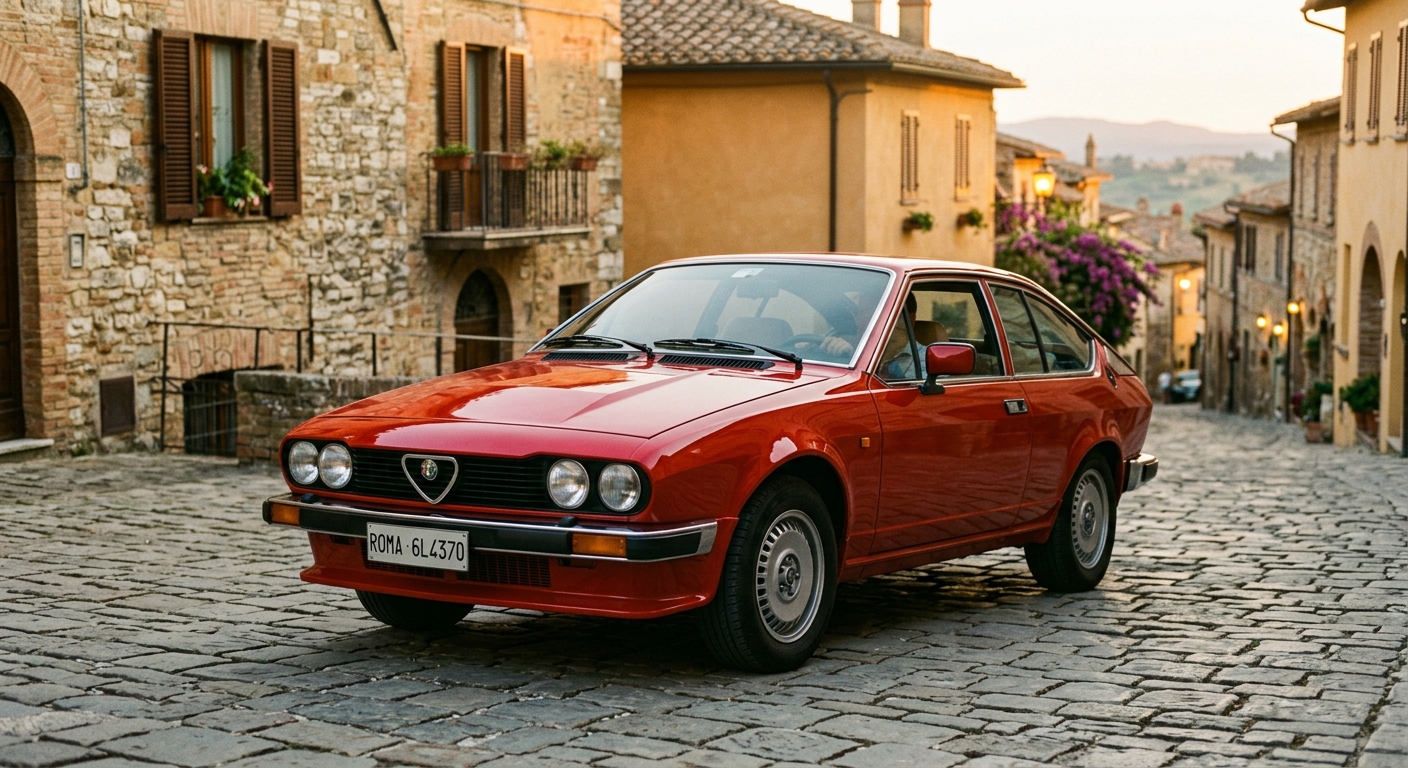 1985 Alfa Romeo GTV6 in classic red parked on cobblestone street during golden hour