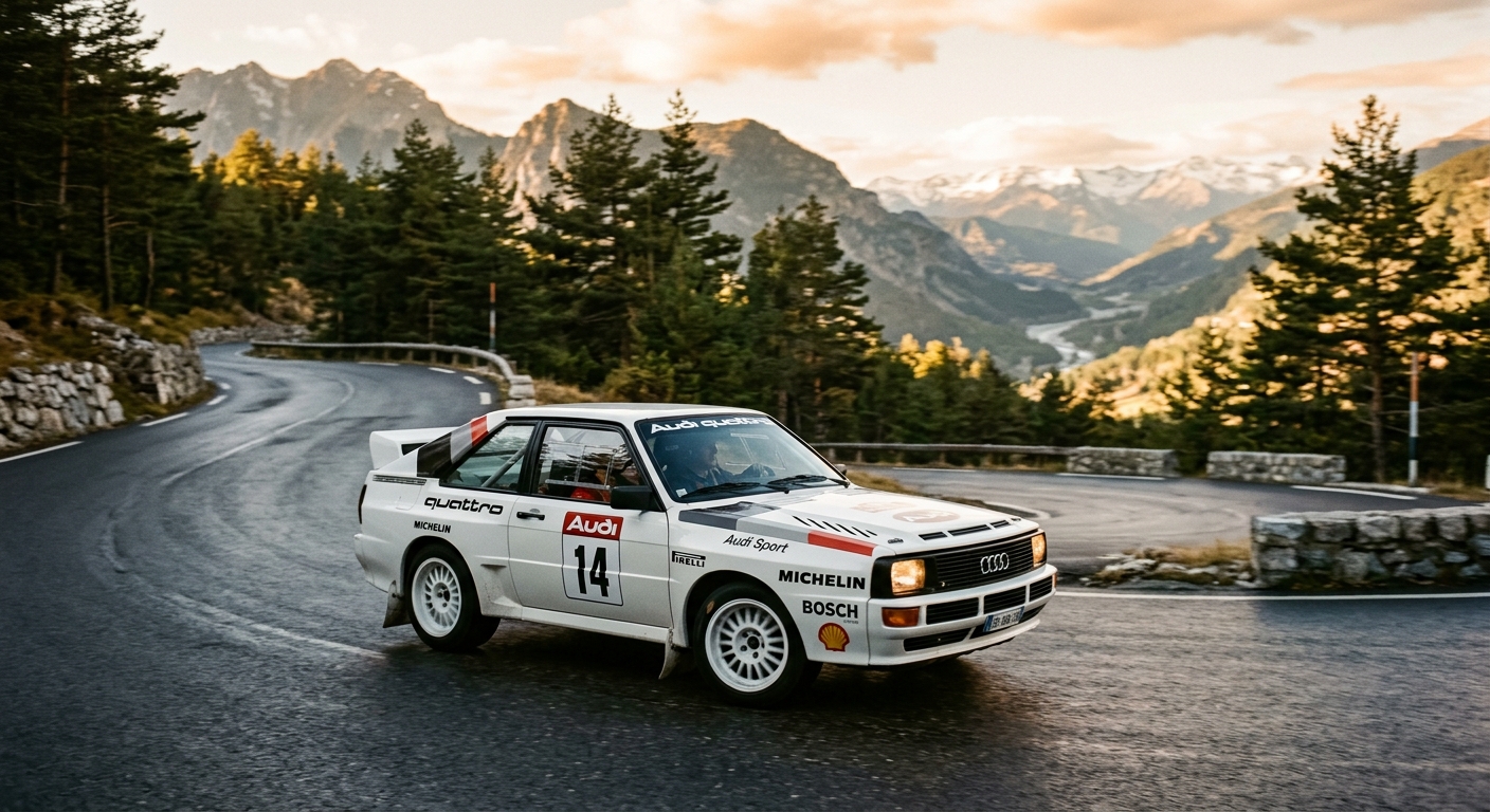 1985 Audi Quattro Sport in classic white livery photographed during golden hour