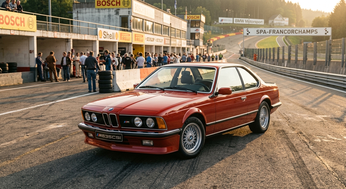 1985 BMW M635CSi classic grand tourer photographed in golden hour light at vintage racing circuit