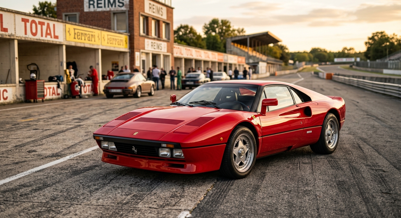 1985 Ferrari 288 GTO photographed in golden hour light at a vintage racing circuit, showcasing its iconic Pininfarina design and aggressive aerodynamic details