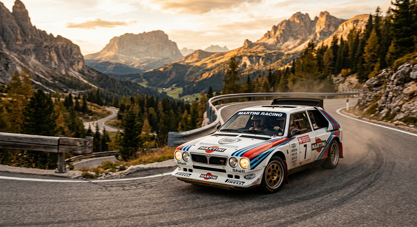 1985 Lancia Delta S4 Group B rally car in red and white livery photographed at golden hour on a mountain road