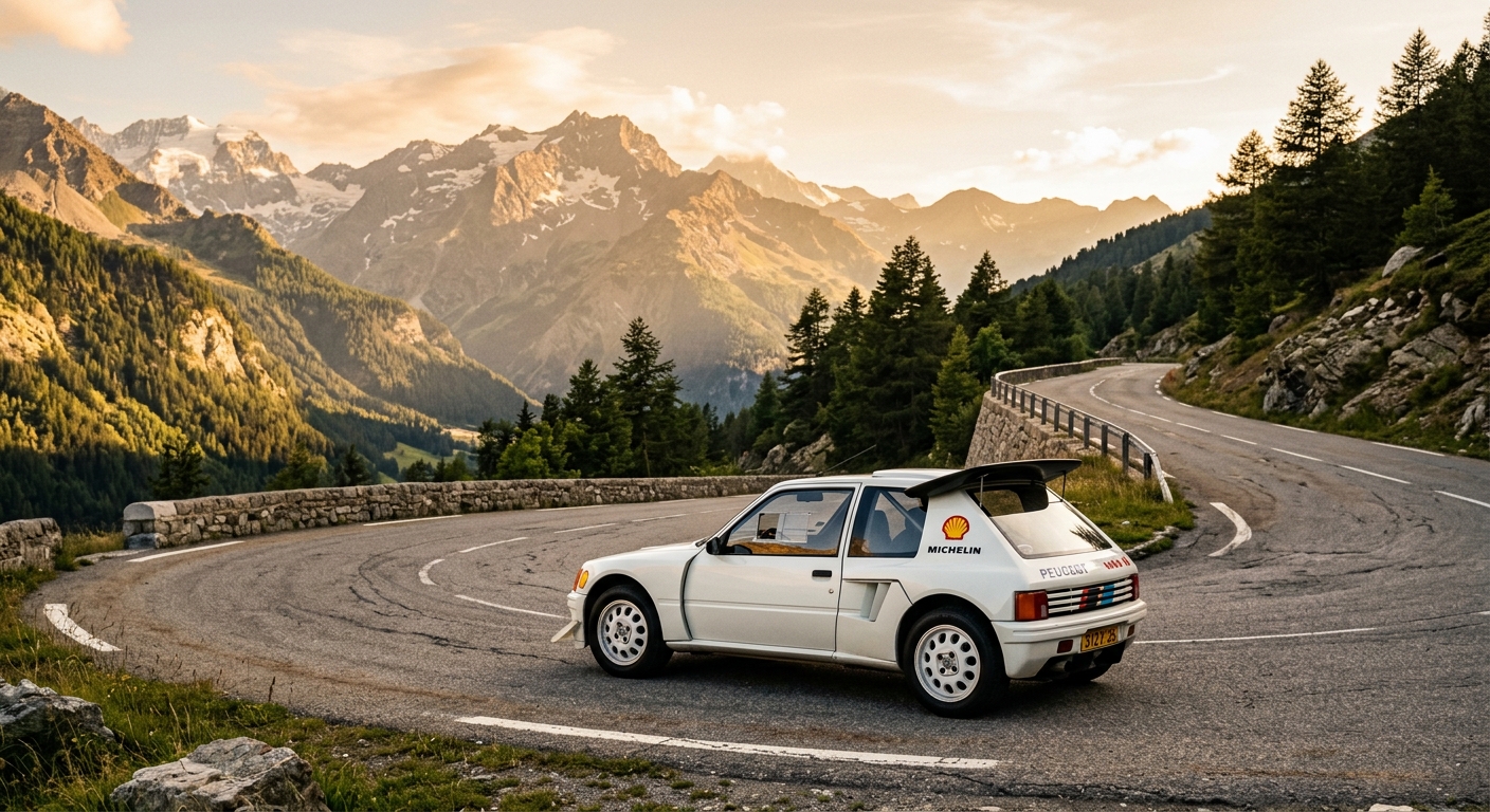 1985 Peugeot 205 T16 rally homologation special photographed in golden hour lighting on mountain road