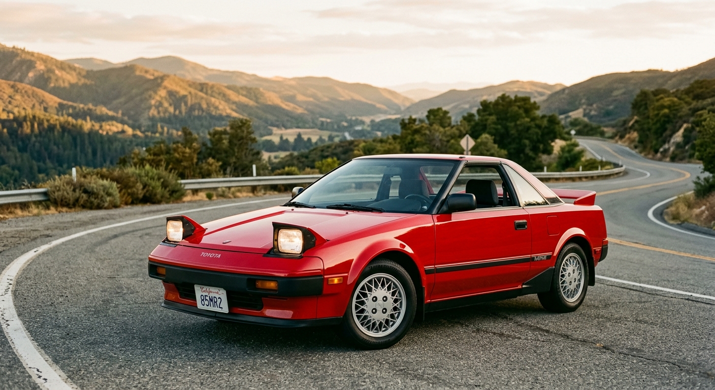 1985 Toyota MR2 in red parked on mountain road during golden hour, showcasing its distinctive wedge-shaped profile and pop-up headlights