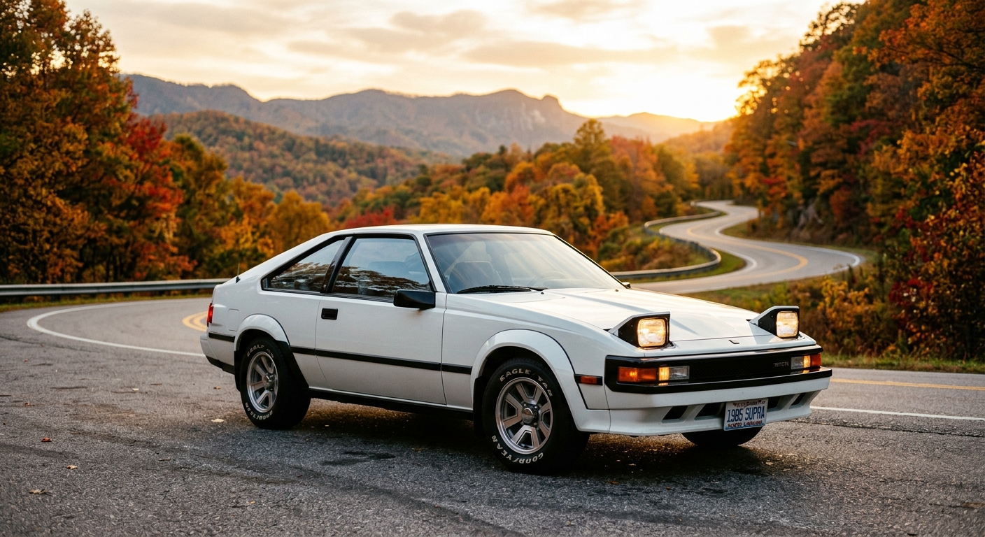 1985 Toyota Supra in classic white parked on a mountain road during golden hour