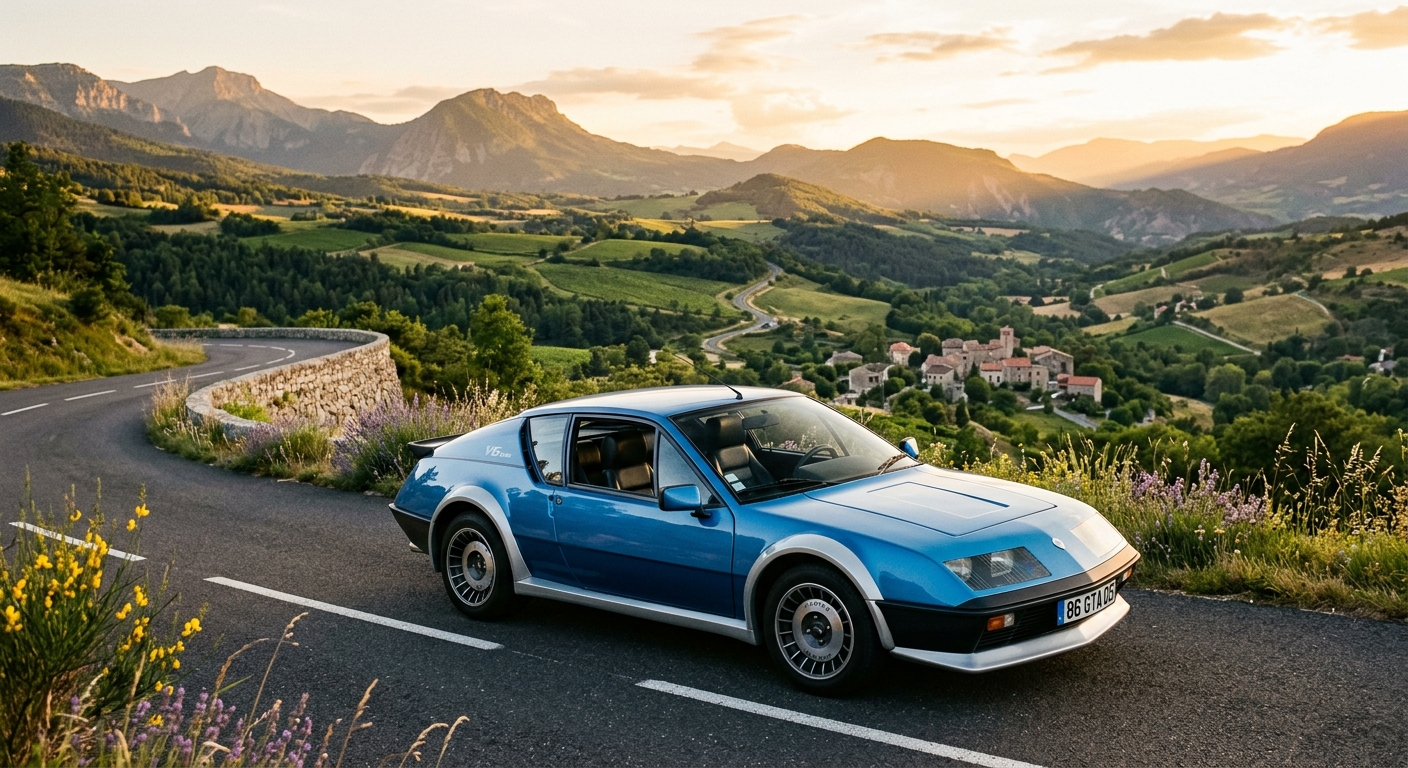 1986 Alpine GTA V6 Turbo sports car photographed during golden hour at a French countryside location