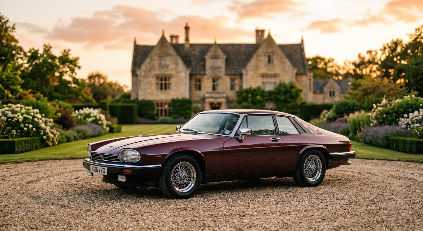 1986 Jaguar XJ-S V12 grand tourer photographed at golden hour showing its elegant coupe silhouette and distinctive styling