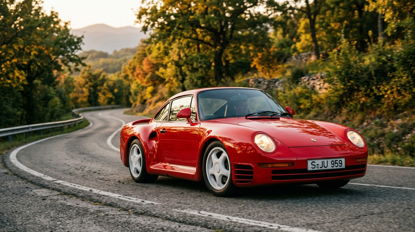 1986 Porsche 959 in Guards Red, golden-hour outdoor setting on a European country road