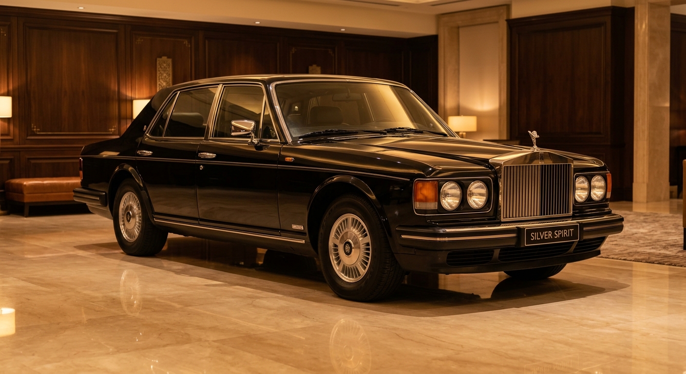 1986 Rolls-Royce Silver Spirit luxury sedan in elegant studio lighting showing its imposing presence and classic British design