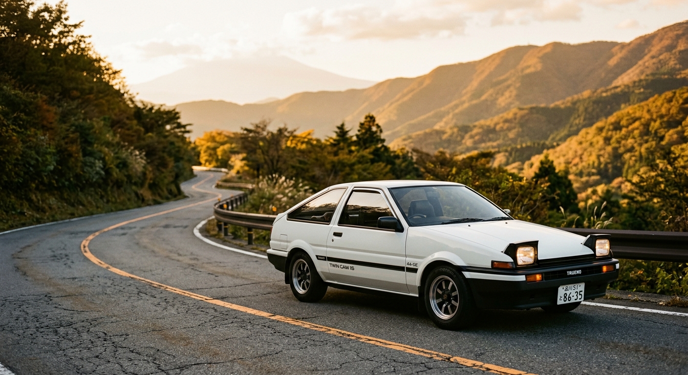 1986 Toyota Corolla AE86 photographed during golden hour at a mountain pass with vintage Japanese styling