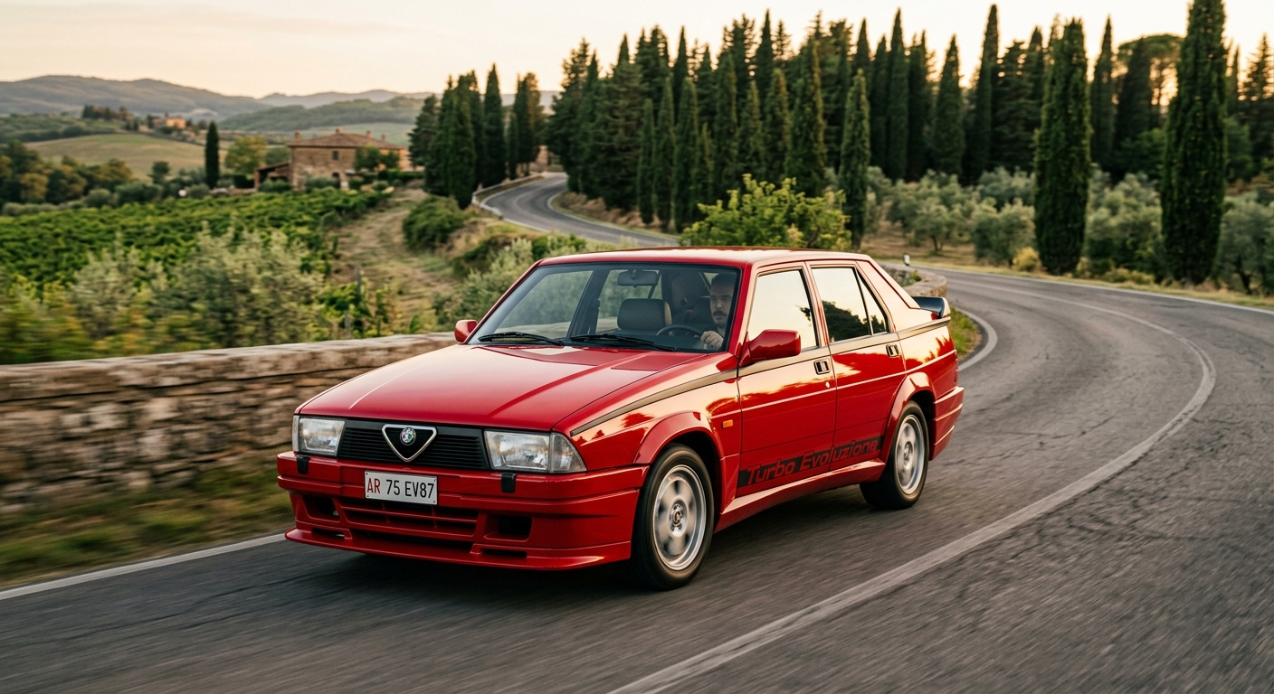 1987 Alfa Romeo 75 Turbo Evoluzione red sedan photographed in golden hour light on Italian countryside road