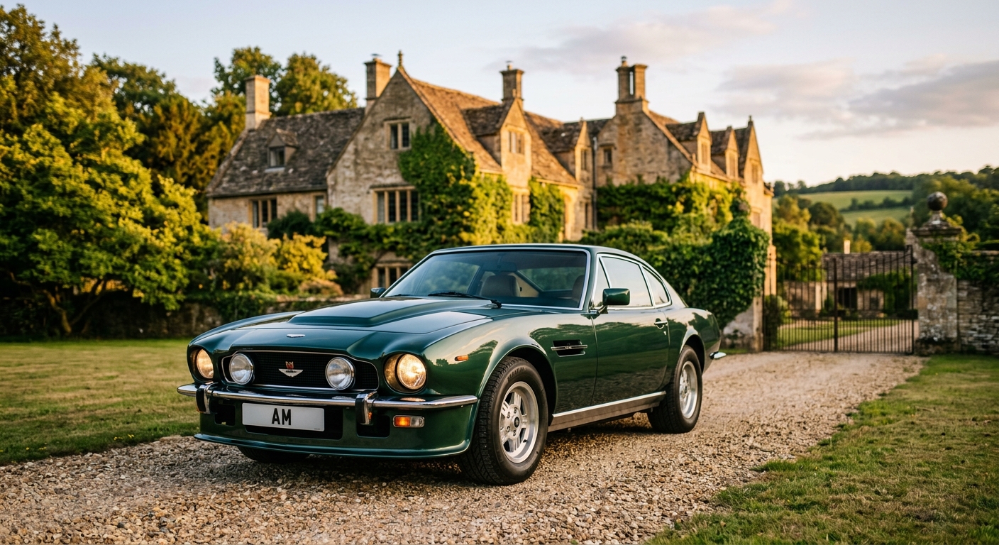 1987 Aston Martin V8 Vantage classic British sports car in warm golden hour lighting