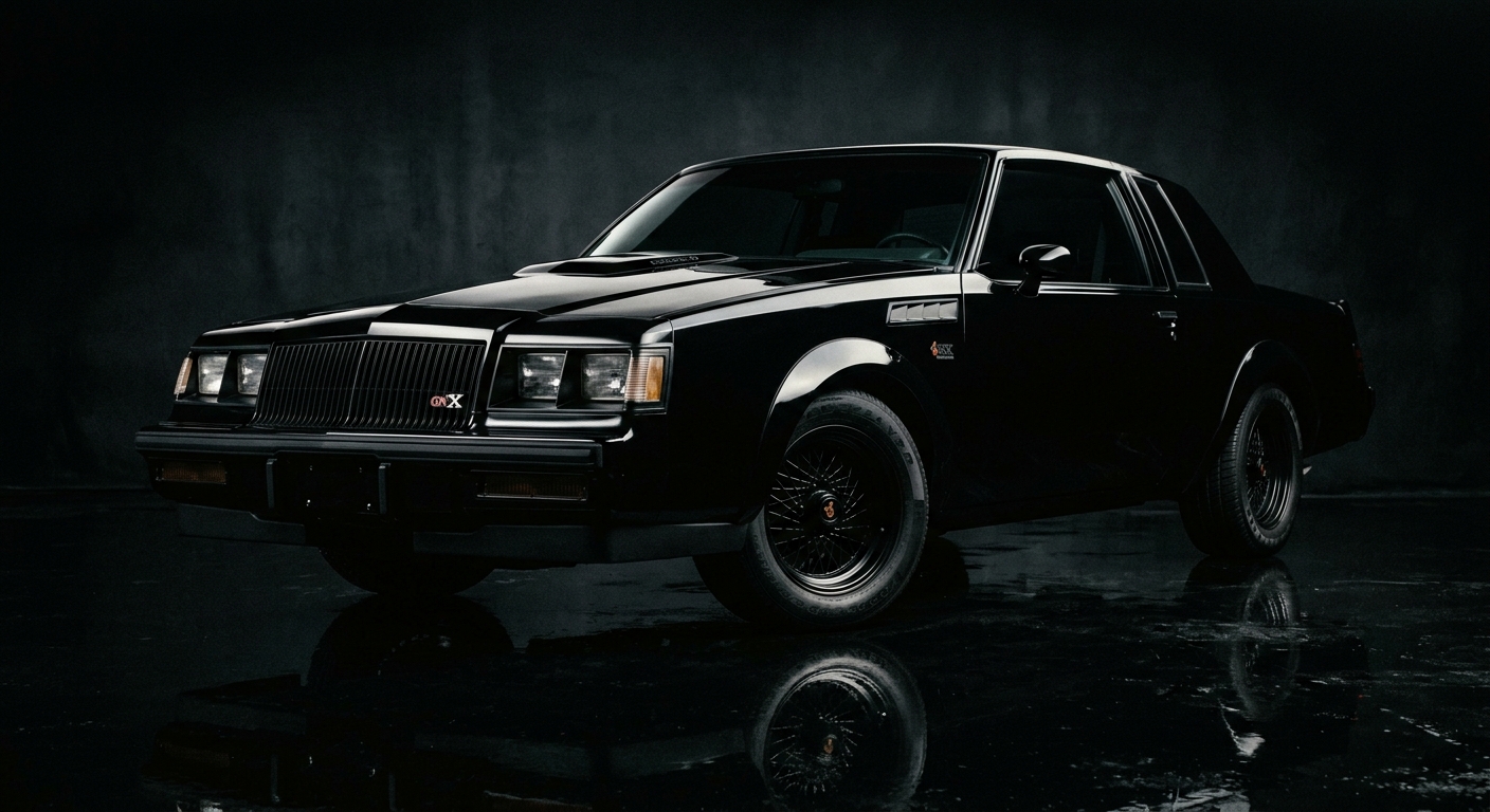 Black 1987 Buick GNX muscle car in dramatic studio lighting showing aggressive front end and distinctive hood bulge