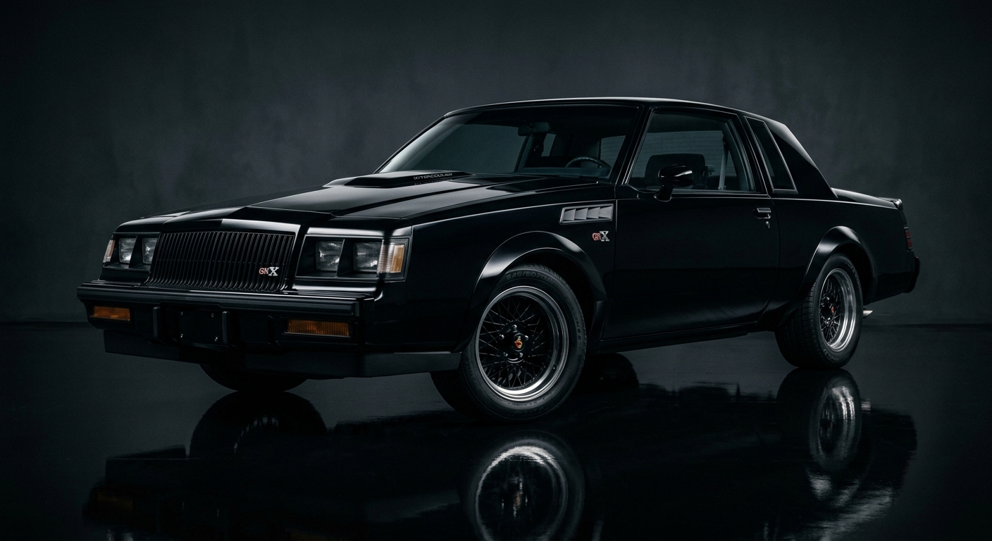 1987 Buick Grand National GNX muscle car in dramatic dark studio lighting with reflective floor