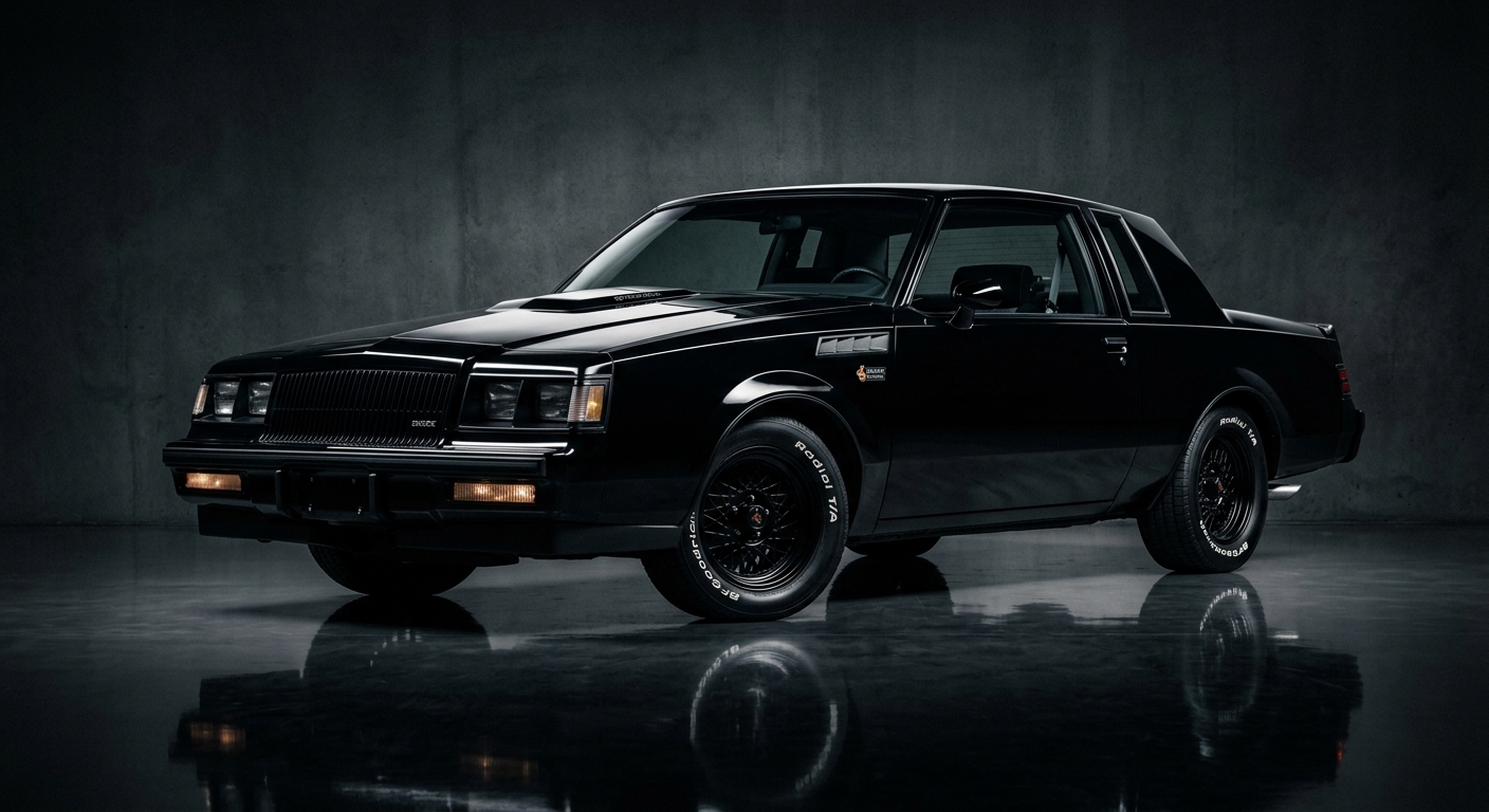 1987 Buick Grand National muscle car in dramatic dark studio lighting with reflective floor