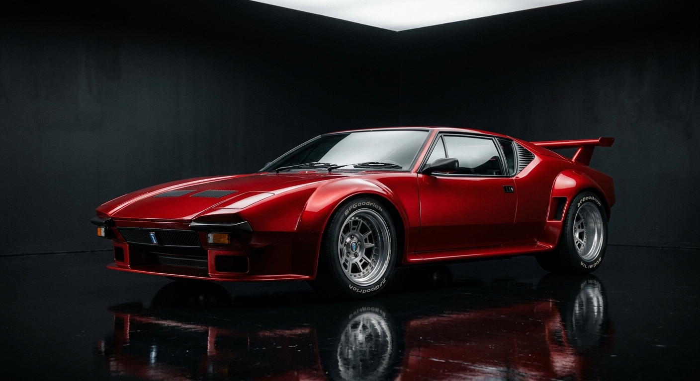 1987 De Tomaso Pantera GT5-S in dramatic studio lighting with dark background and reflective floor