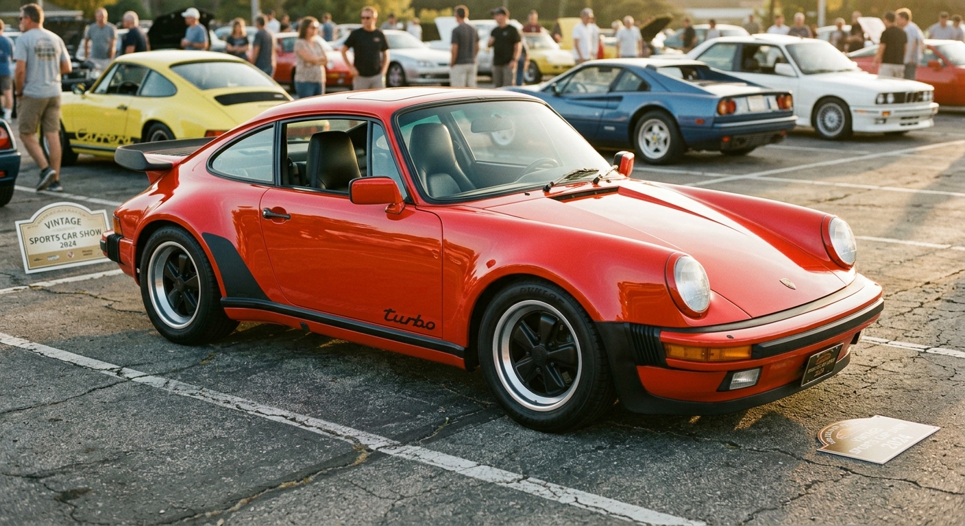 1987 Porsche 930 Turbo photographed in golden hour light at a classic car gathering
