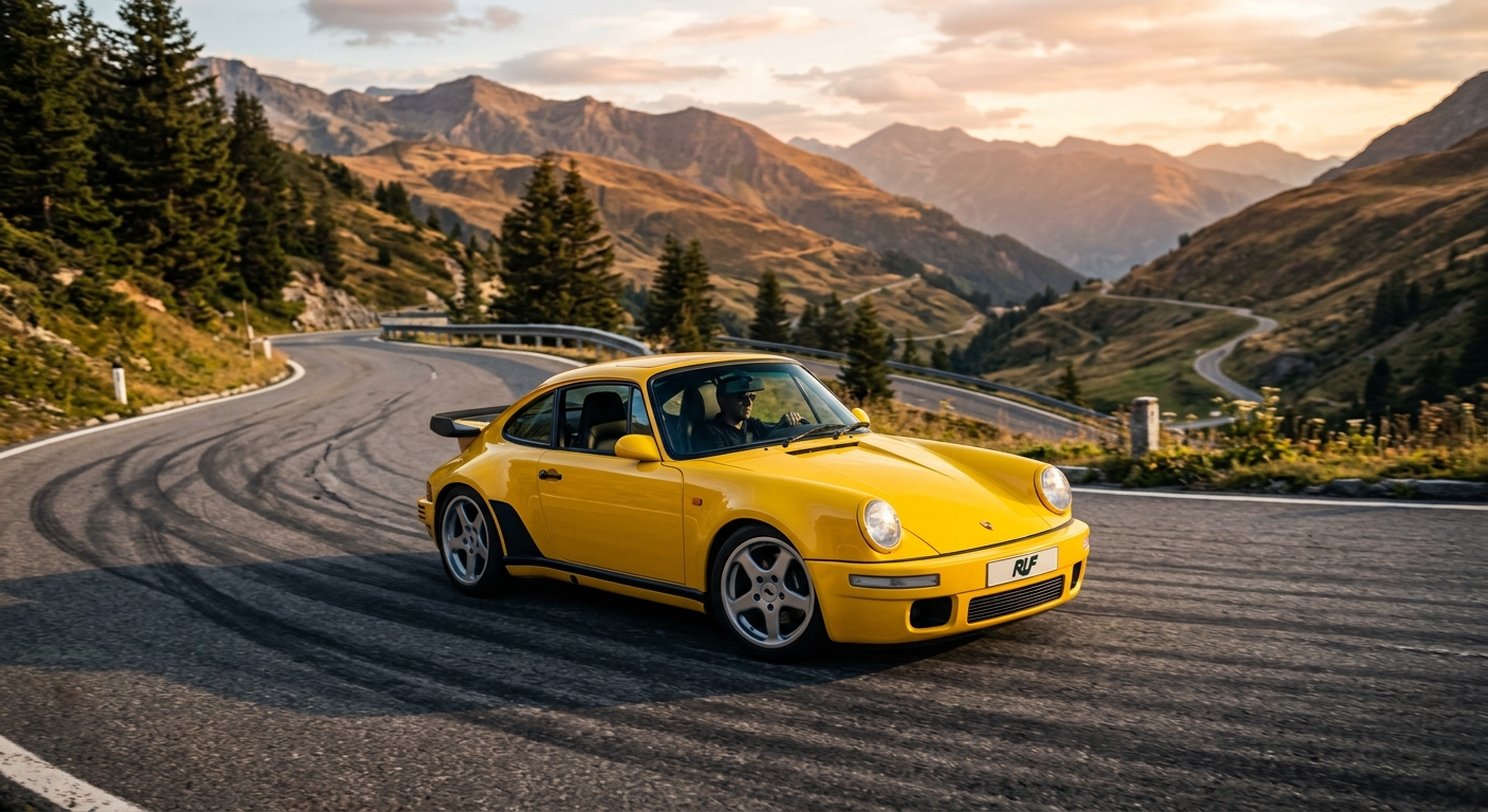 1987 Ruf CTR Yellowbird classic yellow supercar photographed during golden hour