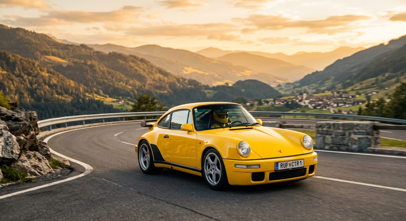 1987 Ruf CTR2 in yellow photographed during golden hour at a scenic mountain road