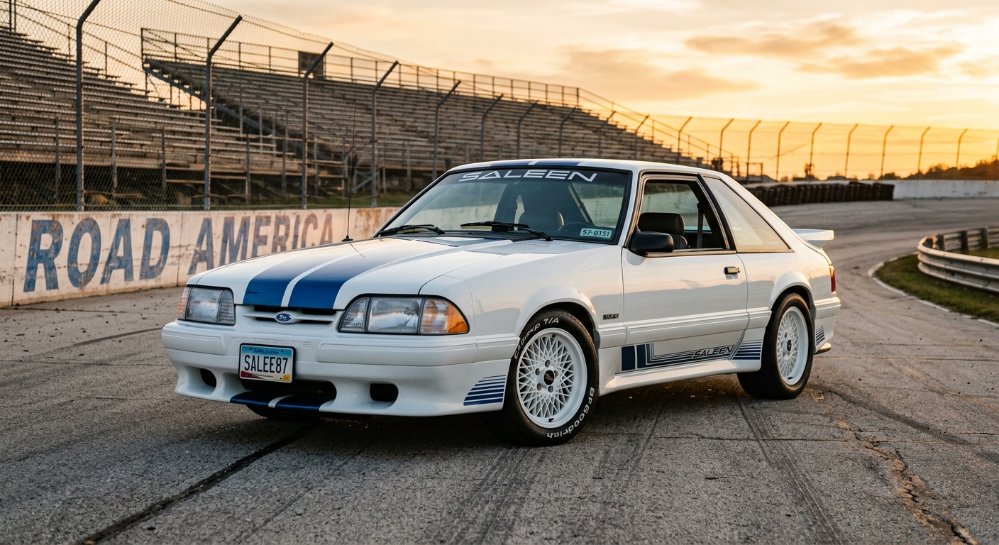 1987 Saleen Mustang in white with distinctive body modifications and racing stripes in golden hour lighting