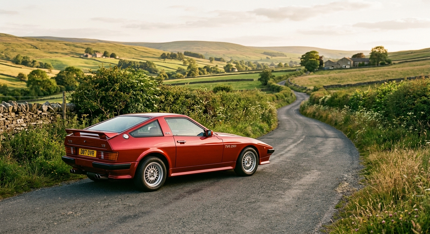 1987 TVR 350i classic British sports car photographed in golden hour light against countryside backdrop